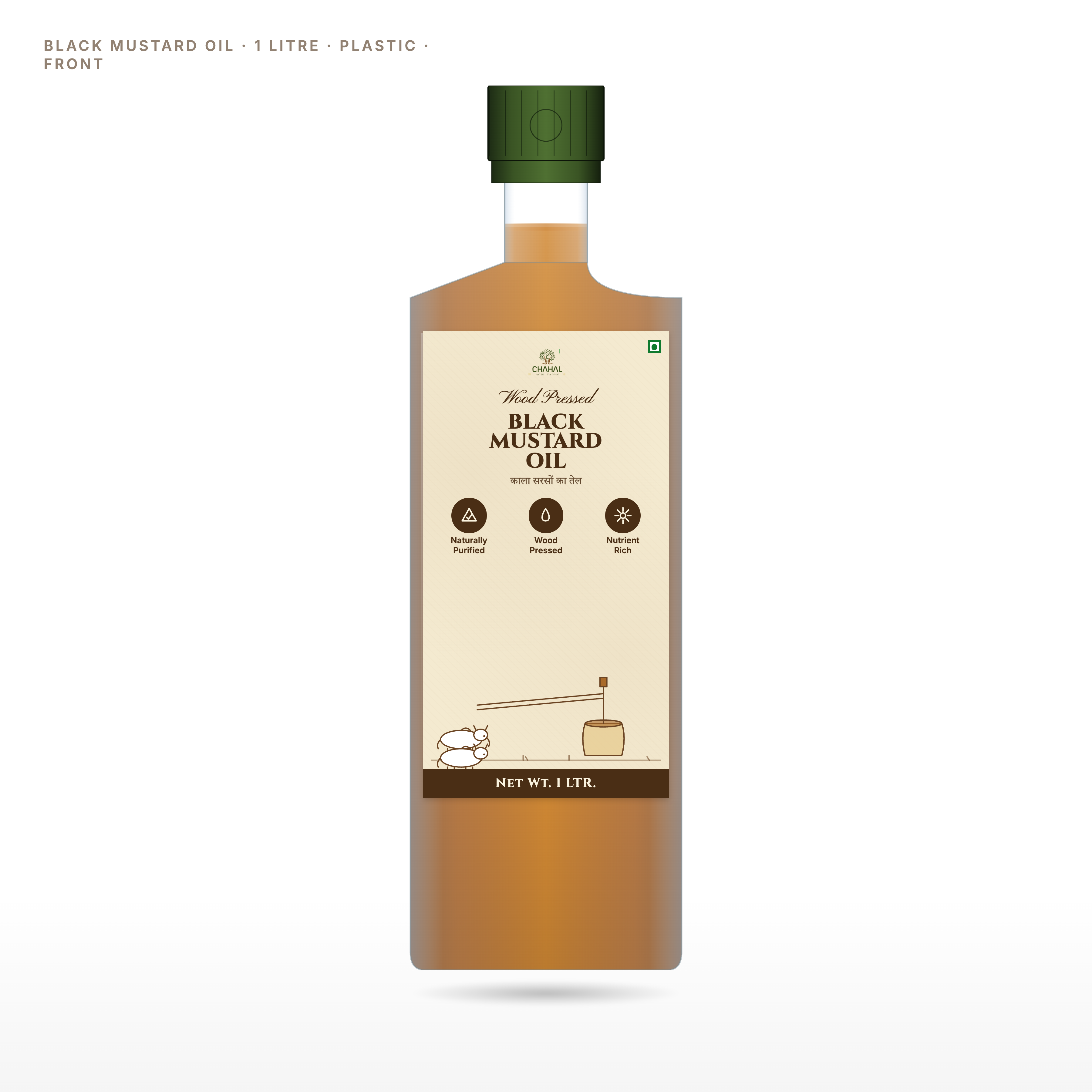 Wood pressed black mustard oil 1 litre bottle — kali sarson kachi ghani, West UP