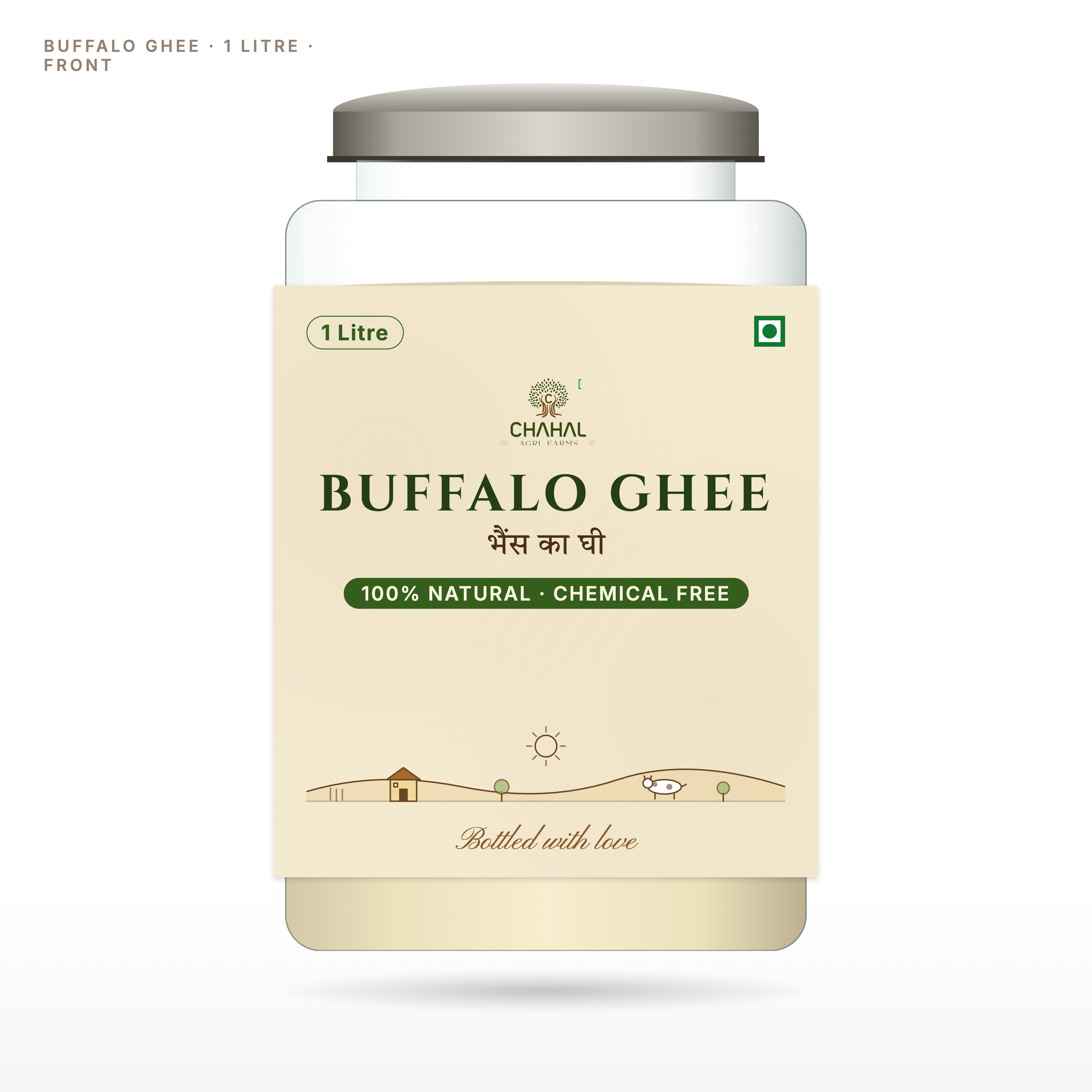 Buffalo ghee 1 litre glass jar front — traditional bilona method Chahal Agri Farms