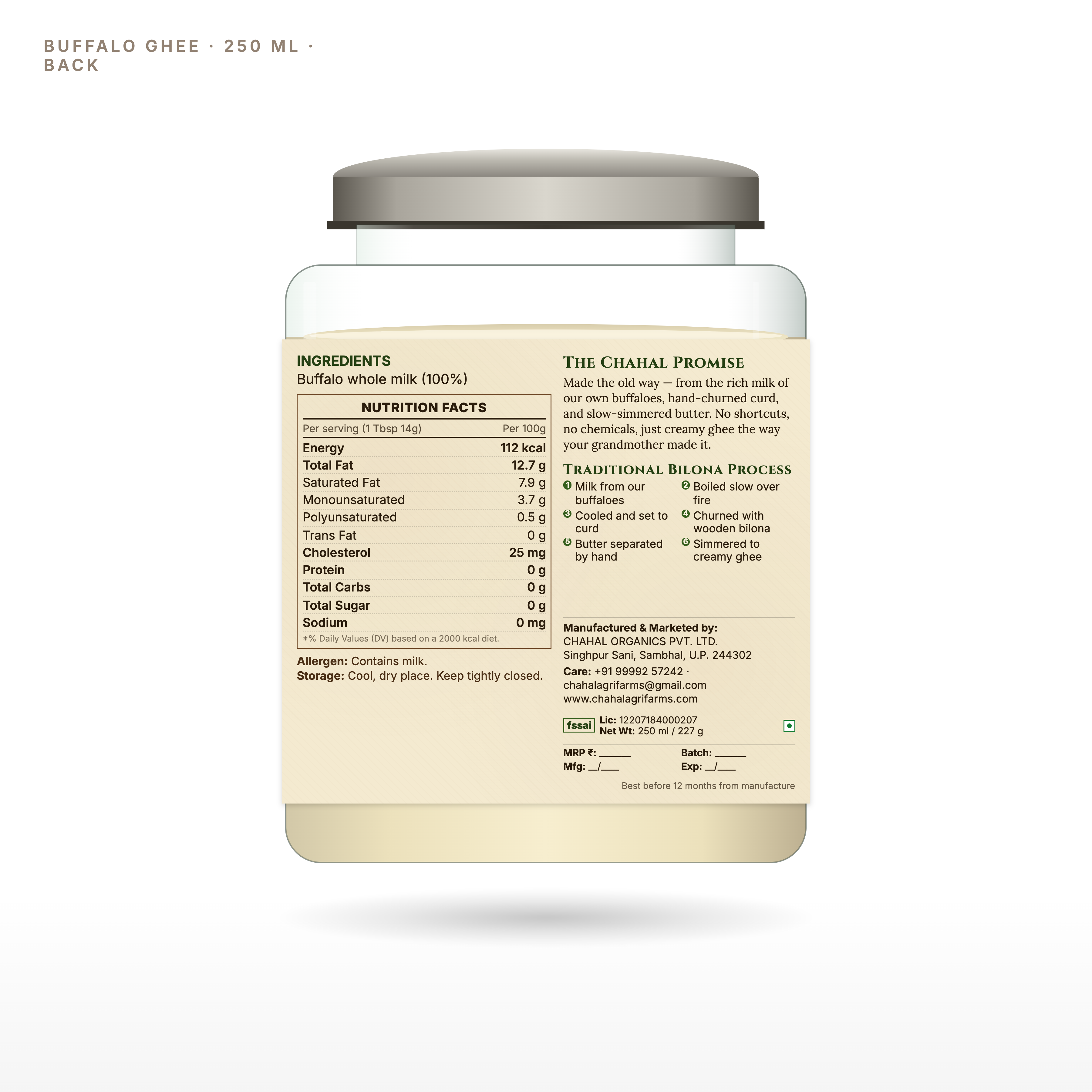 Pure bilona buffalo ghee 250ml glass jar back label — Chahal Agri Farms