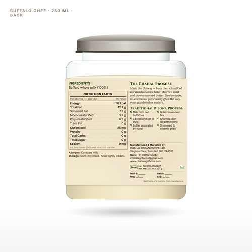 Pure bilona buffalo ghee 250ml glass jar back label — Chahal Agri Farms