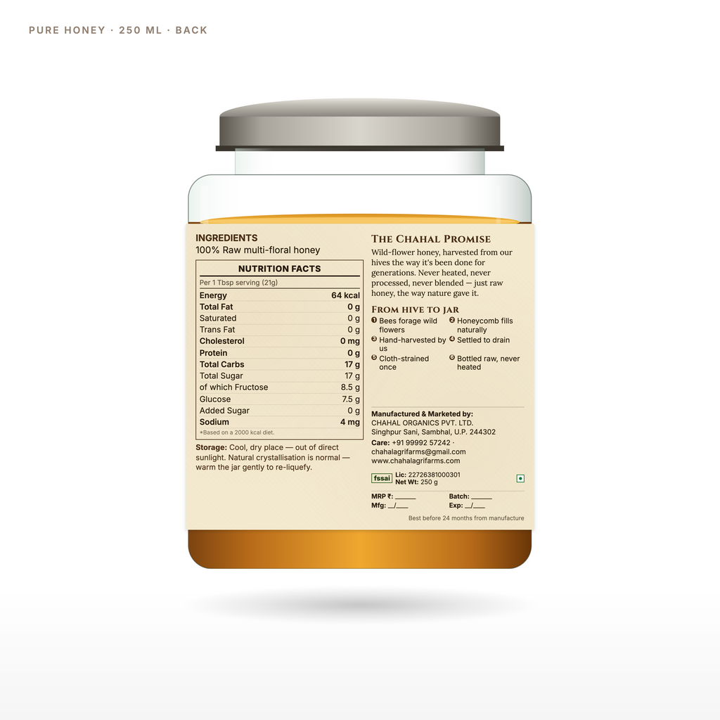 Raw multifloral forest honey 250ml glass jar back label — never heated, Uttarakhand