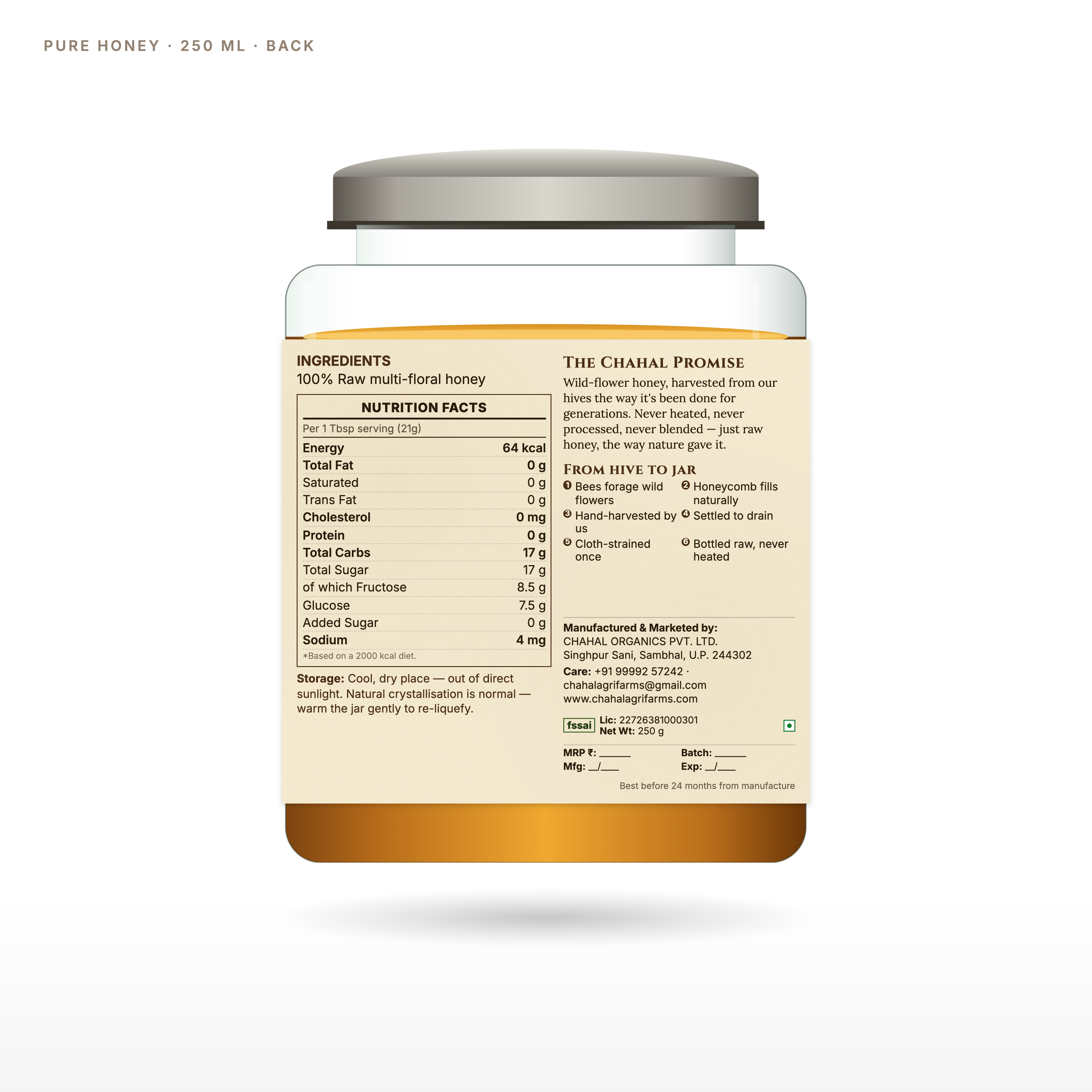Raw multifloral forest honey 250ml glass jar back label — never heated, Uttarakhand