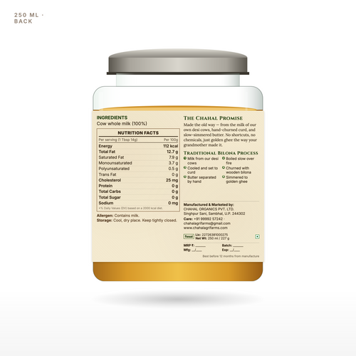 Desi cow ghee 250ml glass jar back label — NABL lab tested, no additives
