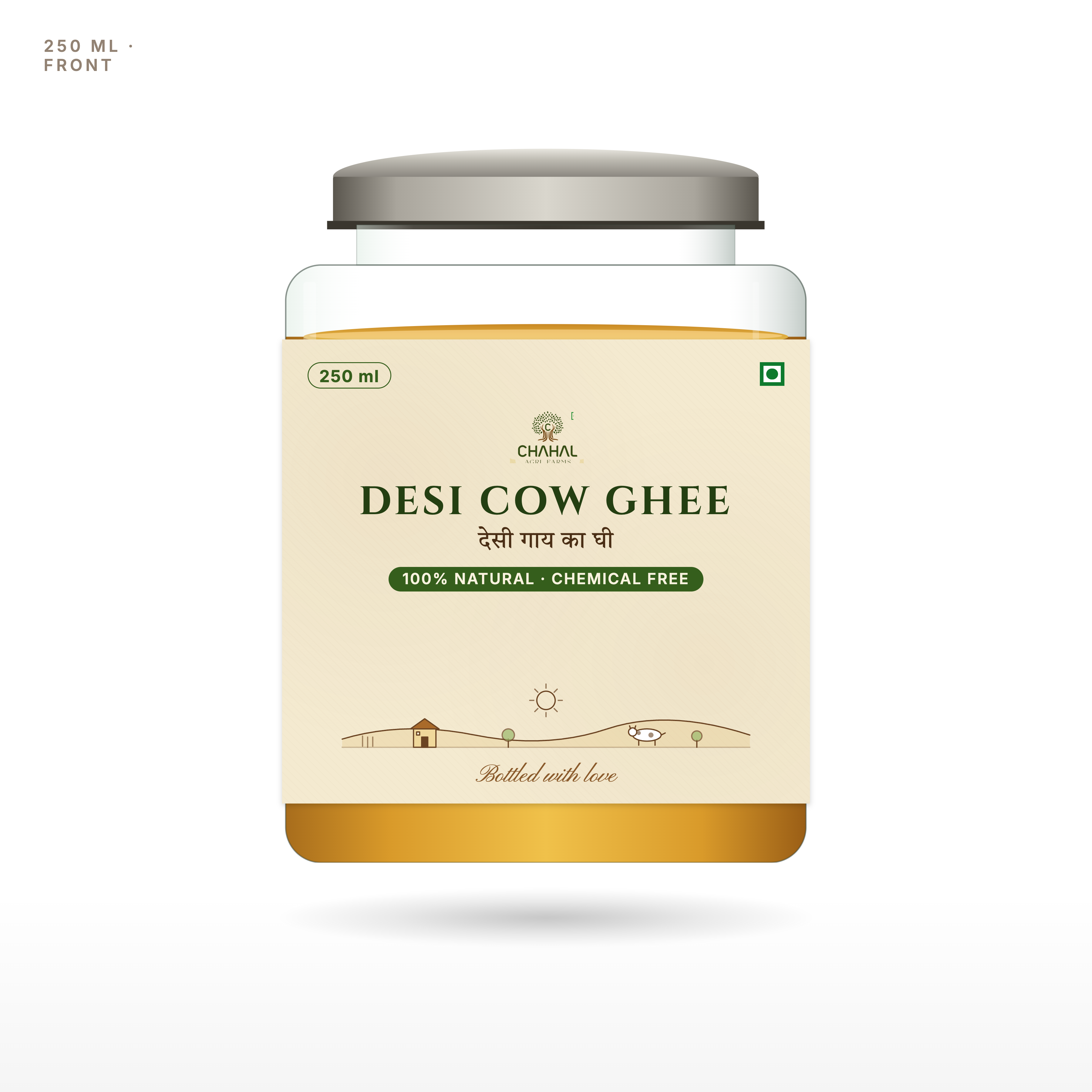 Desi cow ghee 250ml glass jar — Chahal Agri Farms bilona method, Sambhal UP
