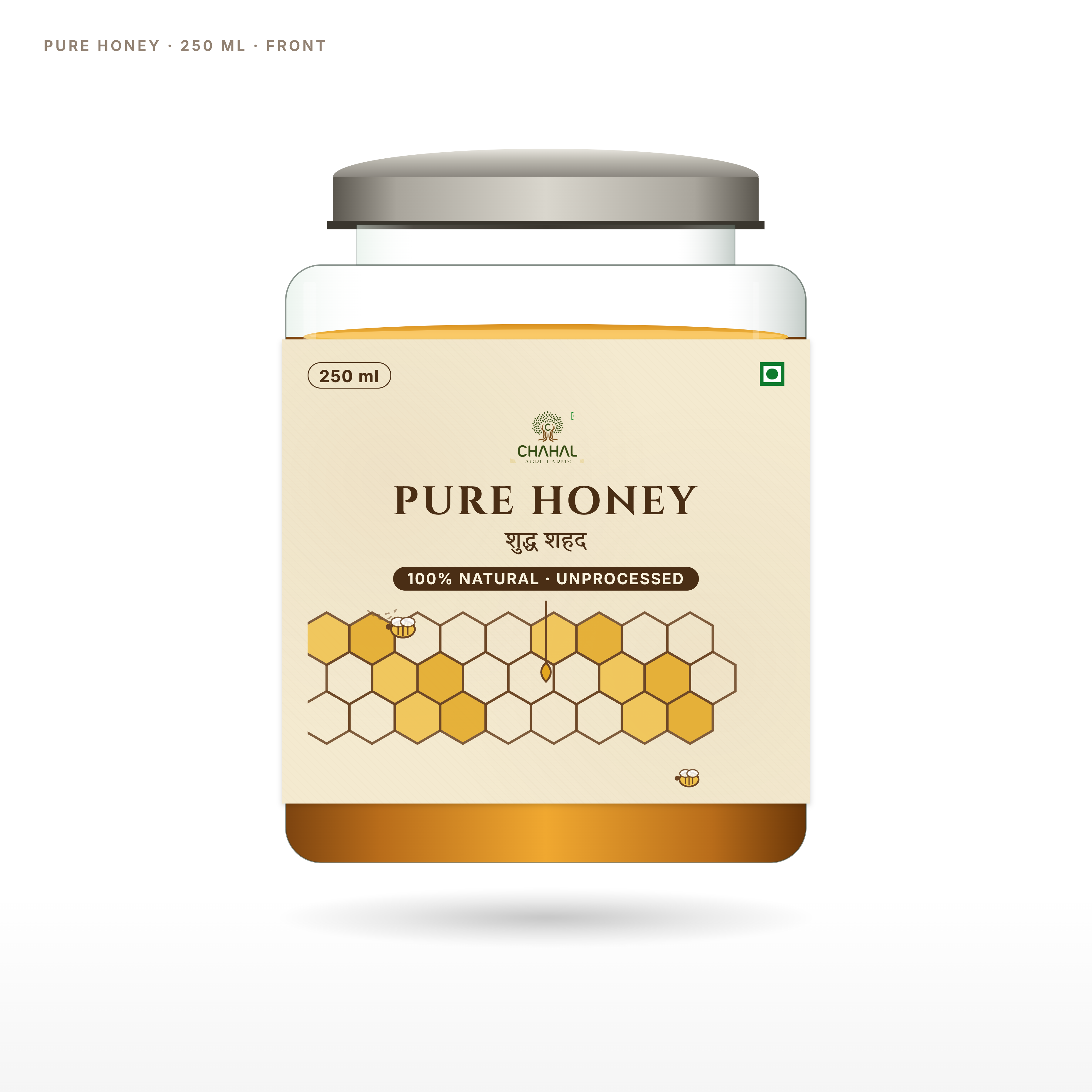 Raw wild forest honey 250ml glass jar front — Chahal Agri Farms, Uttarakhand