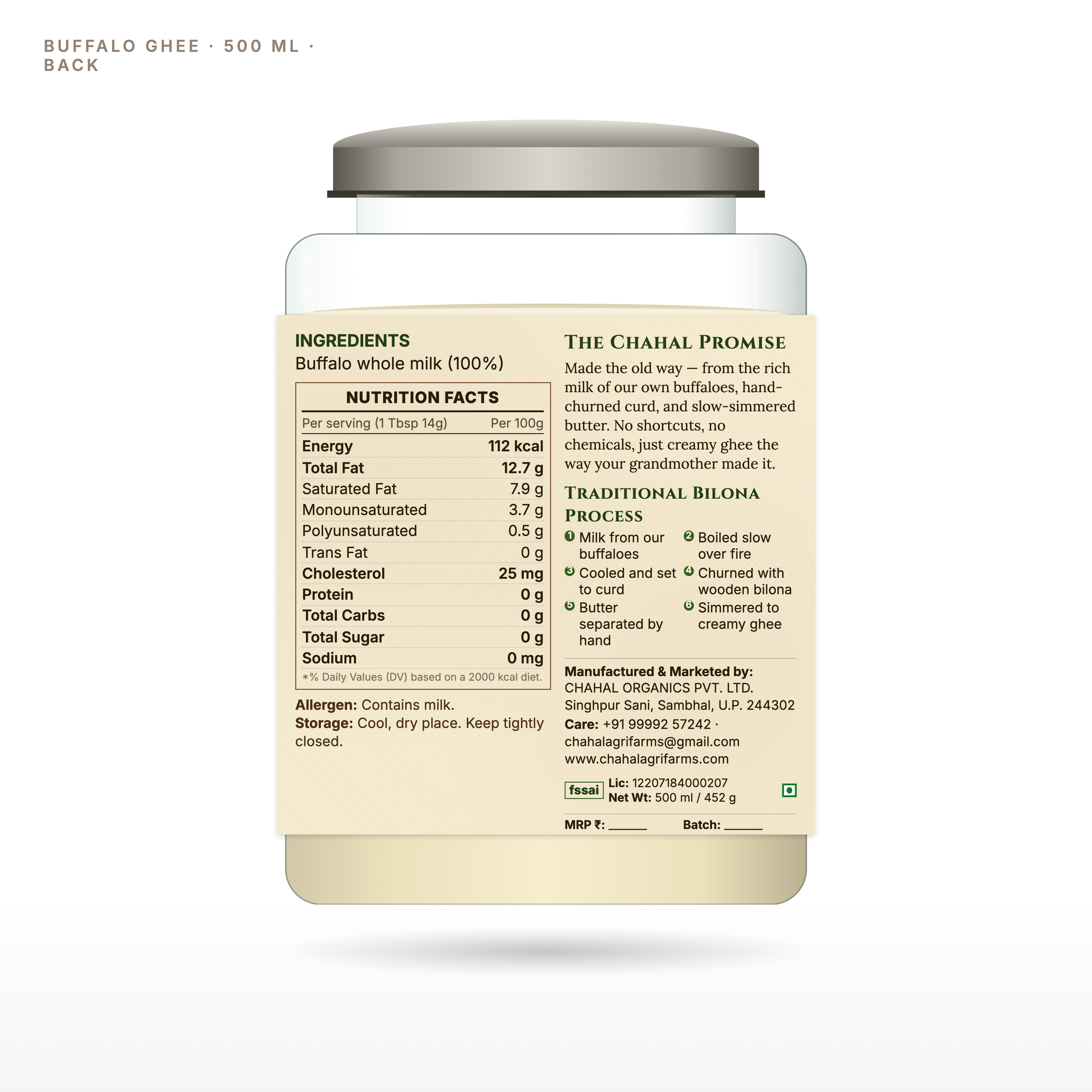 Buffalo ghee 500ml glass jar back label — ingredients and nutrition info