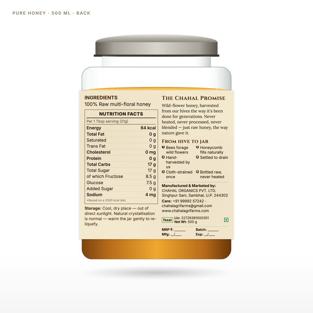 Wild forest honey 500ml glass jar back label — Chahal Agri Farms, no added sugar