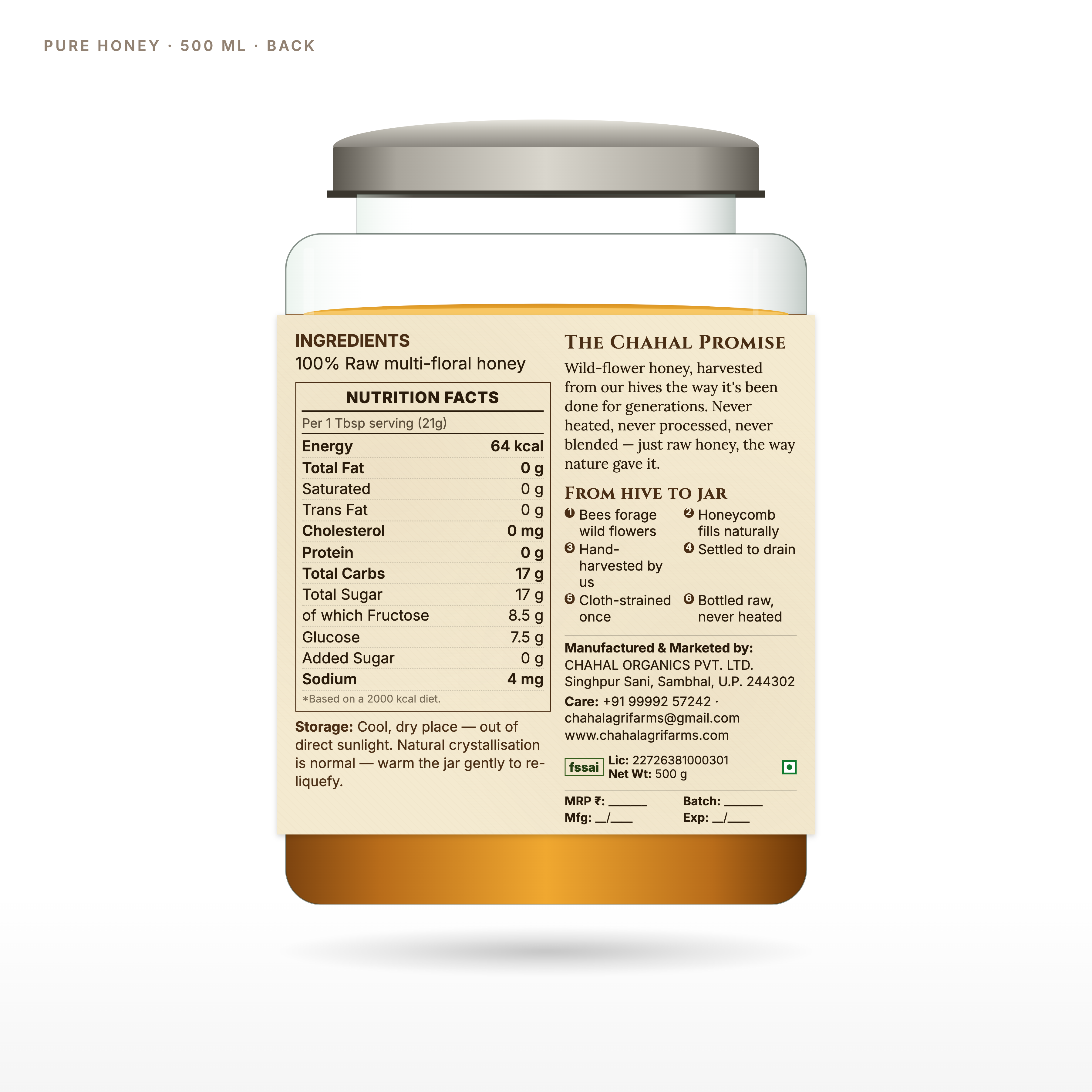 Wild forest honey 500ml glass jar back label — Chahal Agri Farms, no added sugar