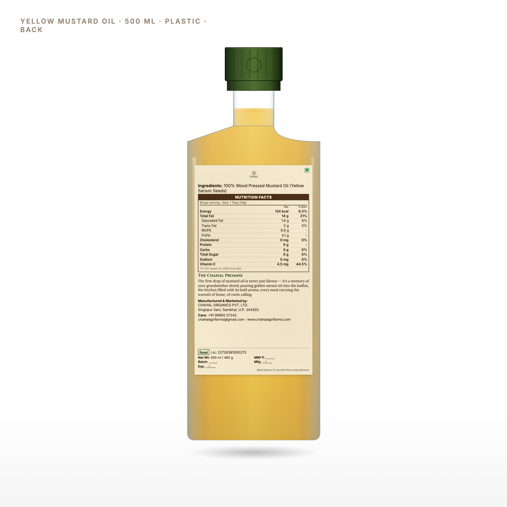 Wood pressed peeli sarson yellow mustard oil 500ml bottle back label