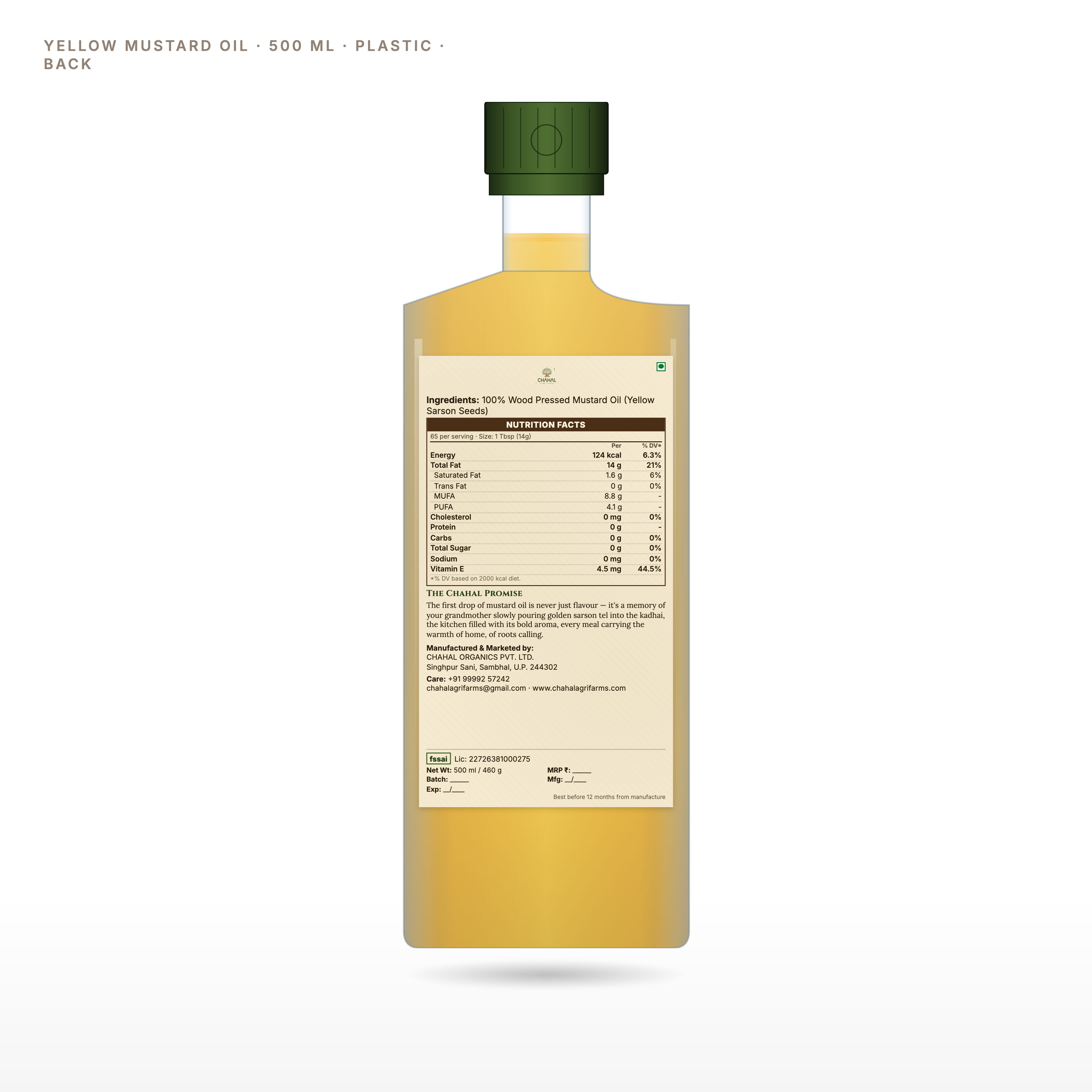 Wood pressed peeli sarson yellow mustard oil 500ml bottle back label