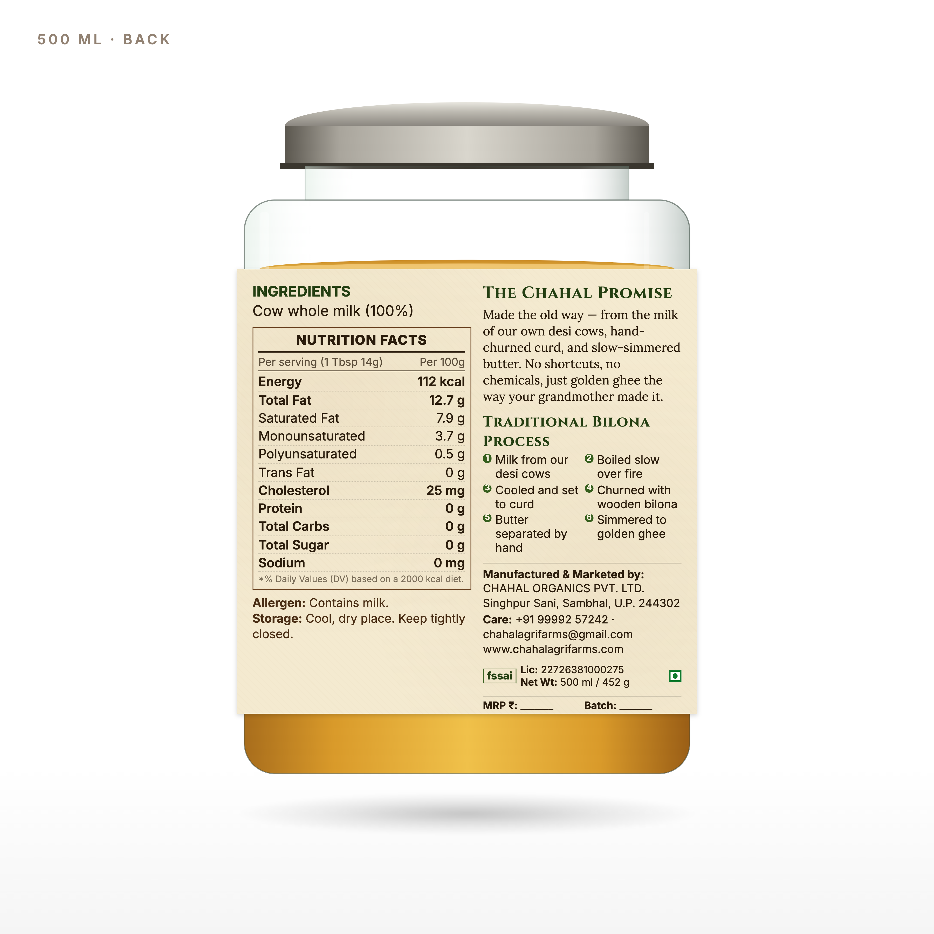Desi cow ghee 500ml glass jar back label — ingredients and nutritional info