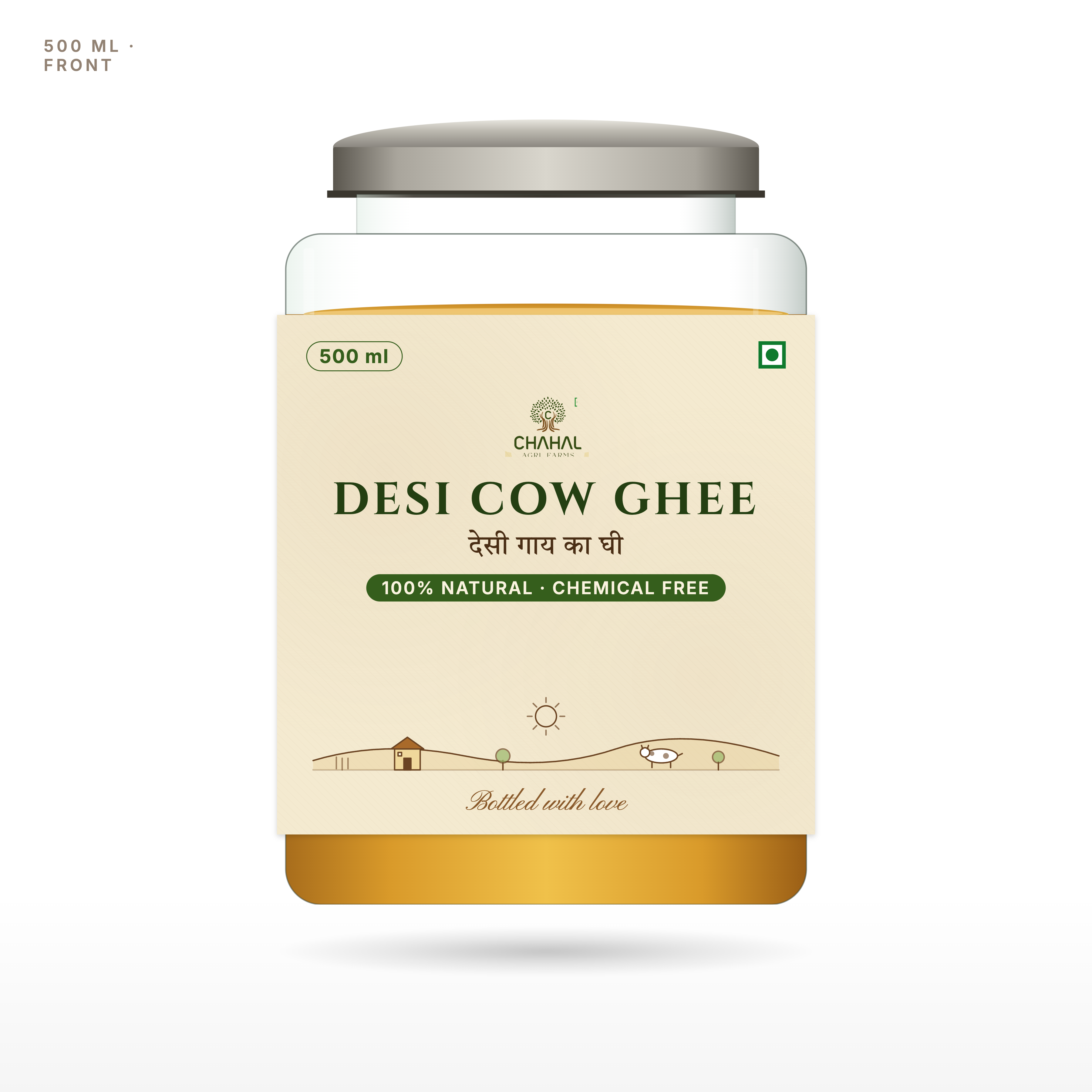 Desi cow ghee 500ml glass jar front — bilona Barosi method, West UP