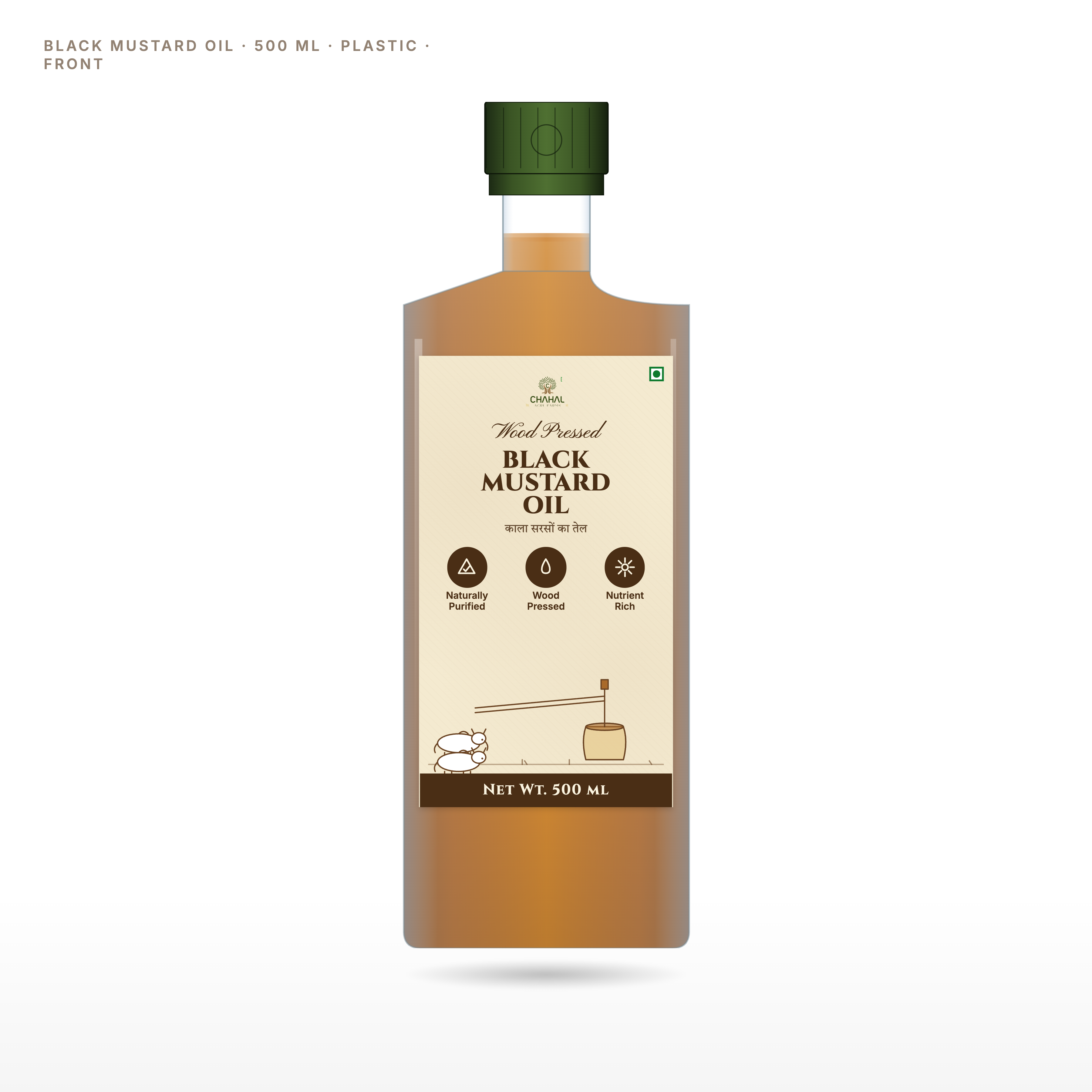 Kachi ghani black mustard oil 500ml bottle front — kali sarson, Chahal Agri Farms