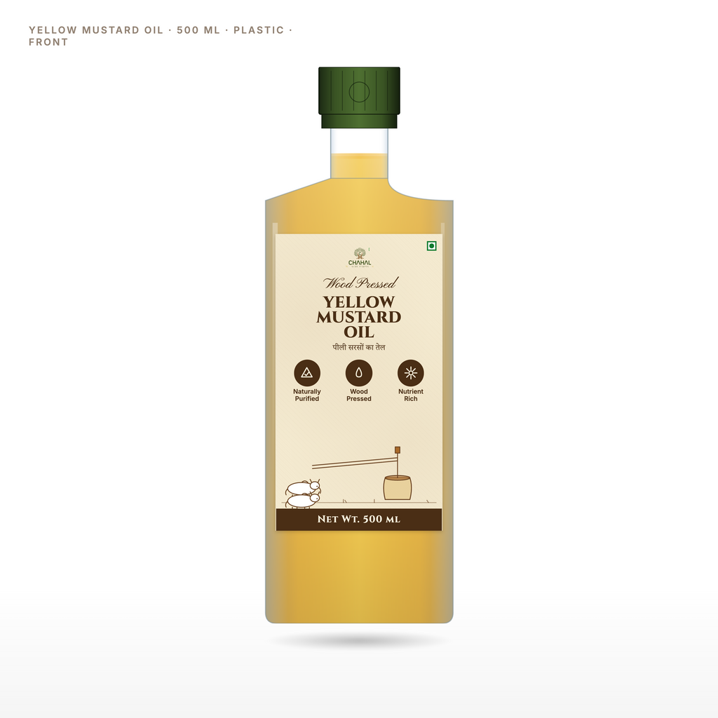 Kachi ghani yellow mustard oil 500ml bottle front — Chahal Agri Farms wood pressed