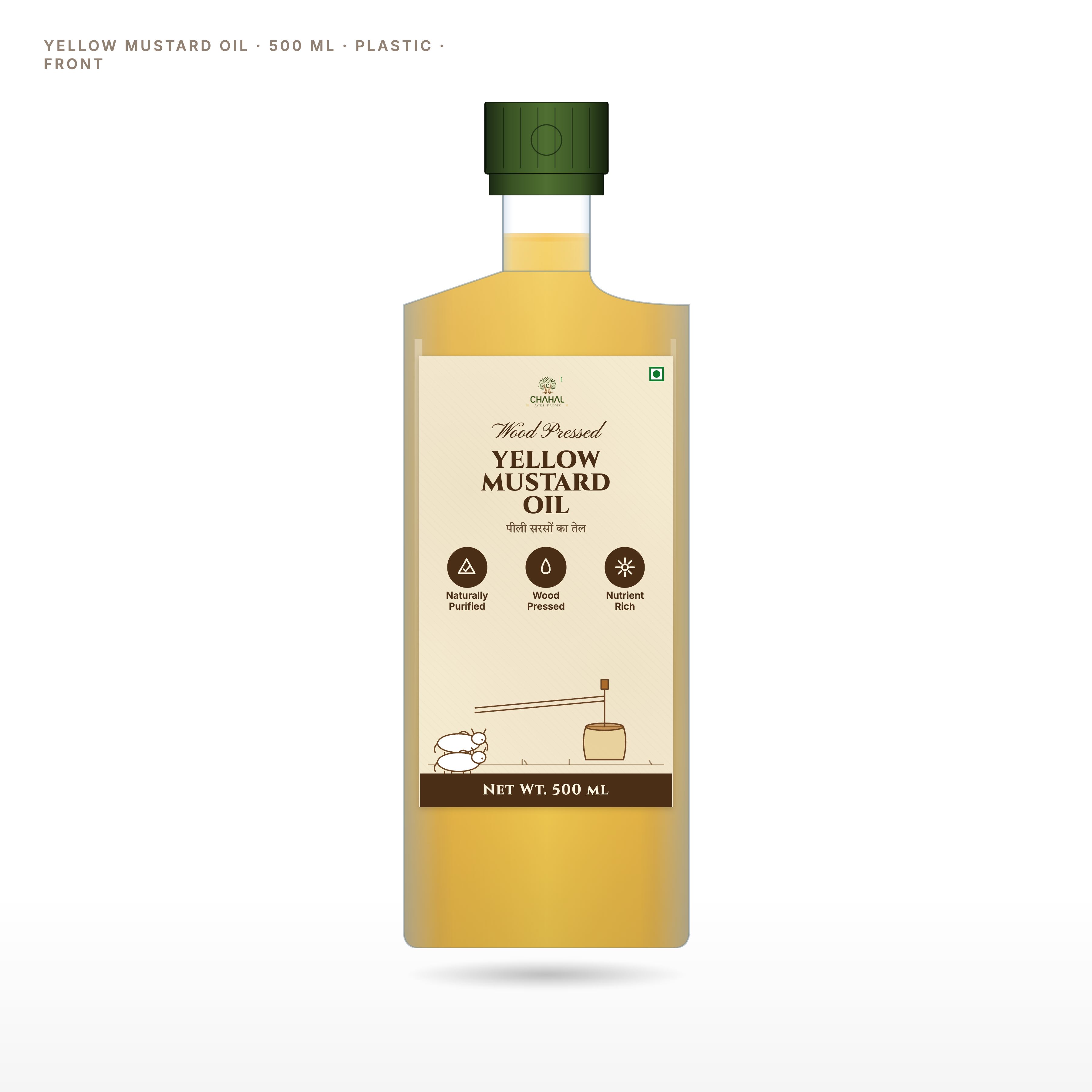 Kachi ghani yellow mustard oil 500ml bottle front — Chahal Agri Farms wood pressed