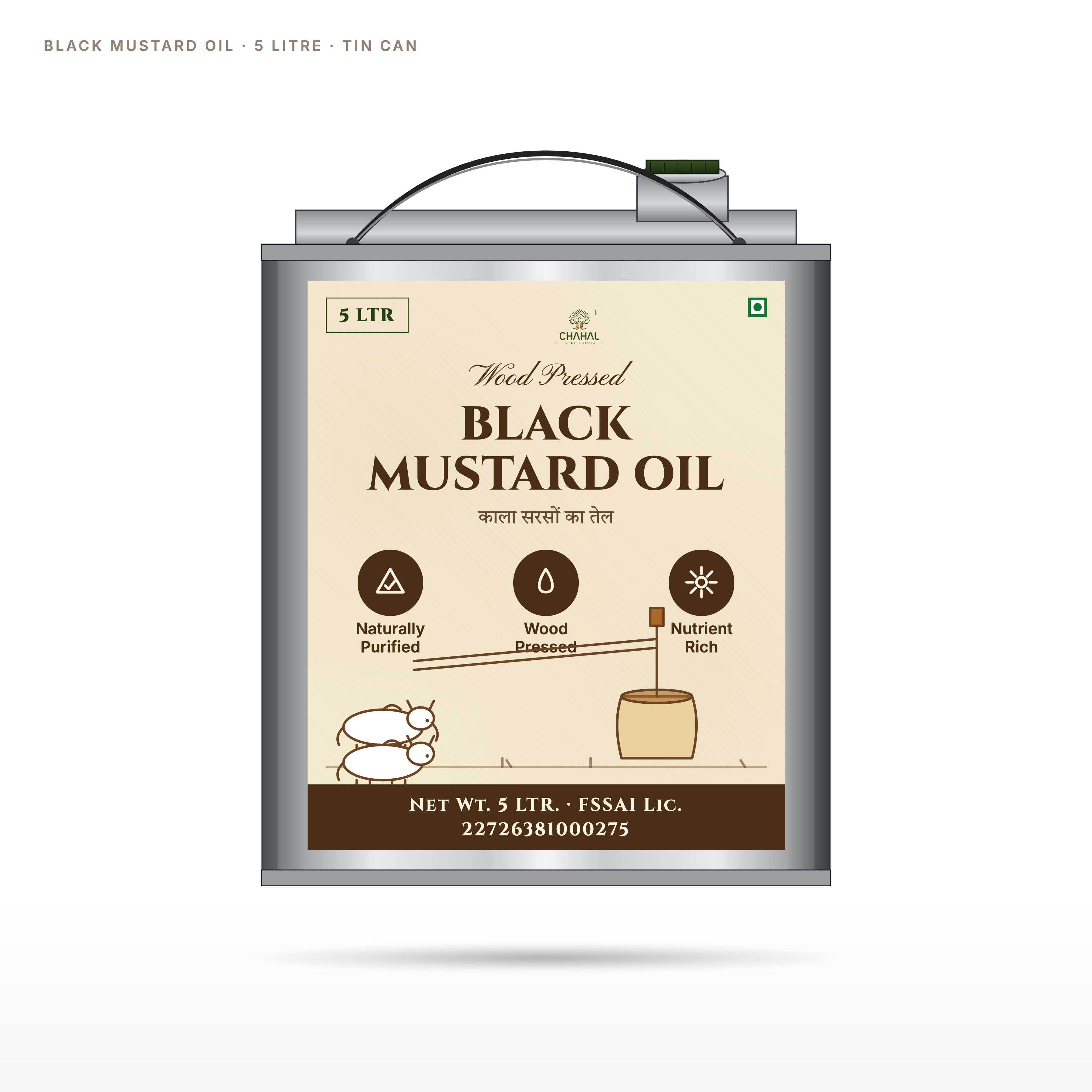 Kachi ghani black mustard oil 5 litre tin can — bulk wood pressed kali sarson