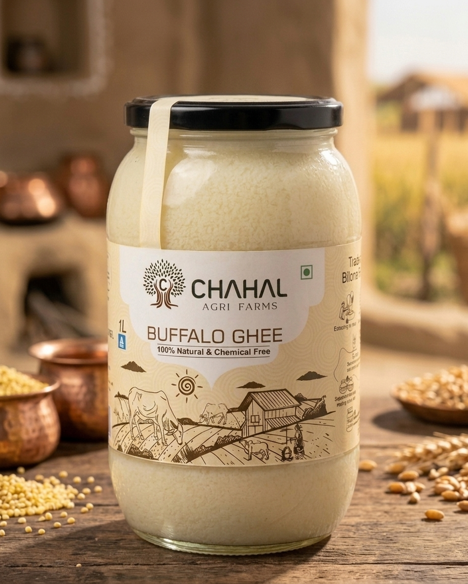 Chahal Agri Farms desi buffalo ghee 1 litre glass jar — bilona churned, barosi method