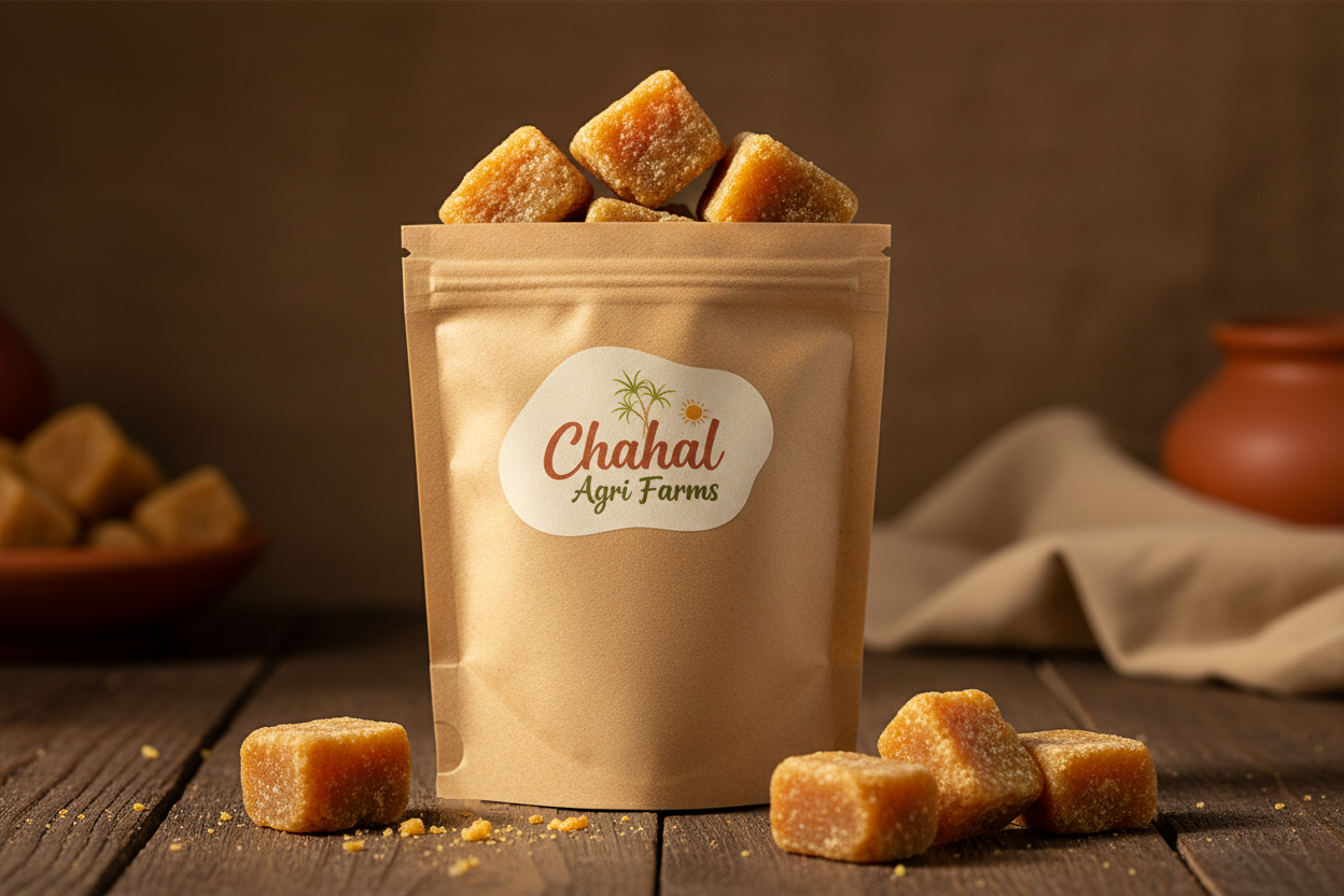 Natural sulphur-free jaggery from West UP sugarcane — Chahal Agri Farms airtight pouch