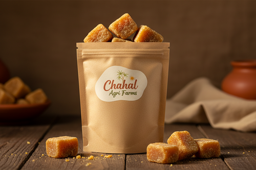 Natural sulphur-free jaggery from West UP sugarcane — Chahal Agri Farms airtight pouch