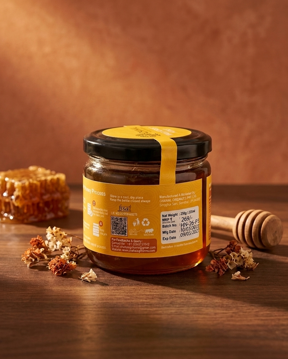 Wild forest honey 250 g back label — raw, never heated, lab tested