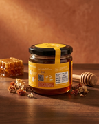 Wild forest honey 250 g back label — raw, never heated, lab tested