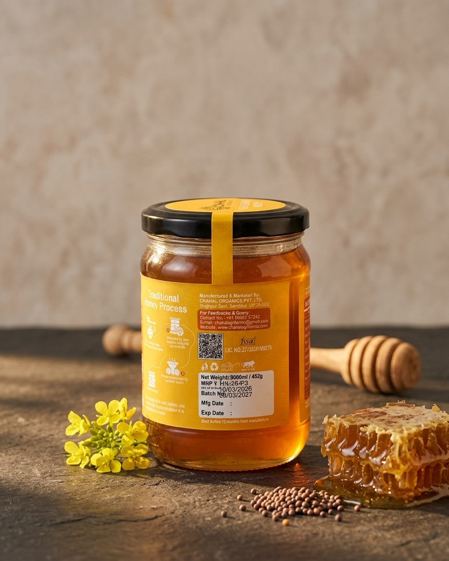 Wild forest honey 500 g back label — raw, never heated, lab tested