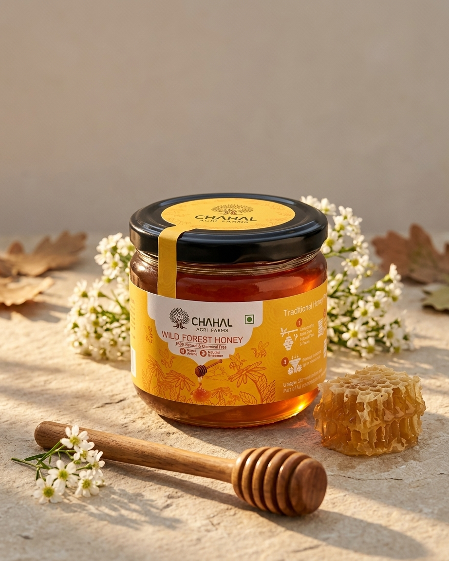 Wild forest honey 250 g glass jar — raw multifloral honey from Uttarakhand