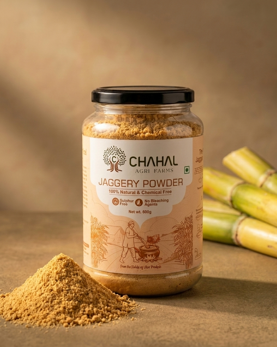 Natural sulphur-free jaggery powder 600 g — for panchamrit and prasad, Chahal Agri Farms