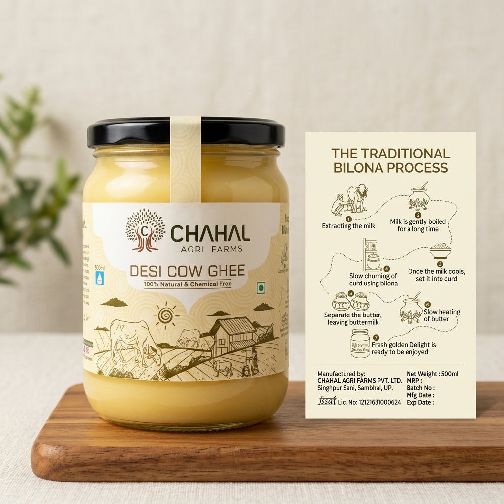Chahal Agri Farms desi cow ghee 500 ml jar beside a card explaining the seven steps of the traditional bilona process