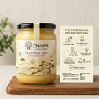 Chahal Agri Farms desi cow ghee 500 ml jar beside a card explaining the seven steps of the traditional bilona process