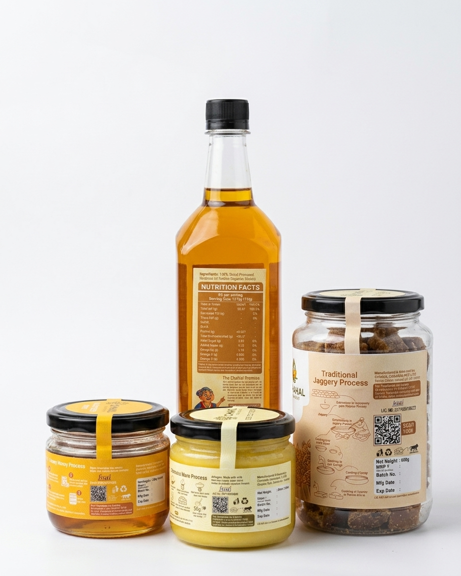 Pure Pantry Starter Box contents — wood-pressed mustard oil, desi cow ghee, wild forest honey and natural jaggery, back labels with nutrition panels
