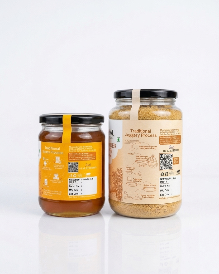 Chahal Agri Farms wild forest honey 650 g jar and natural jaggery powder 600 g jar, back labels with the traditional process illustrations
