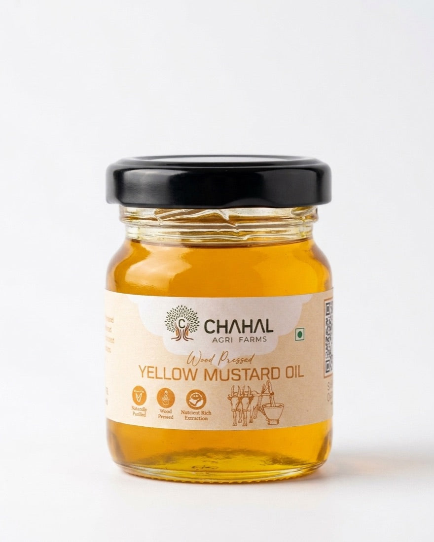 50 ml trial jar of Chahal Agri Farms wood-pressed yellow mustard oil